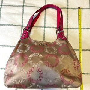 Coach F21920 Op Art Dotted Ashley Hobo Shoulder Handbag Khaki Pink and Tan Purse